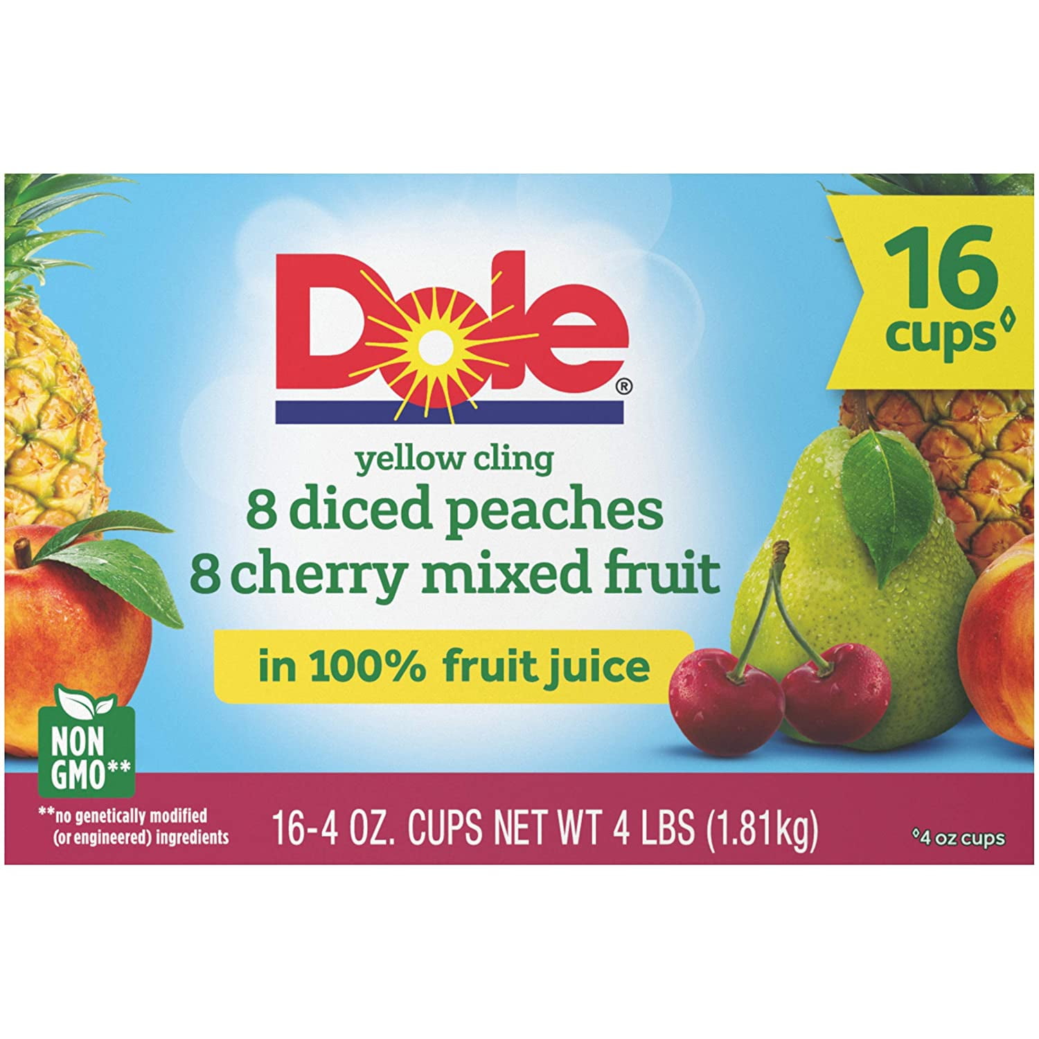Dole Fruit Bowls, Diced Peaches and Cherry Mixed Fruit Variety Pack, 16