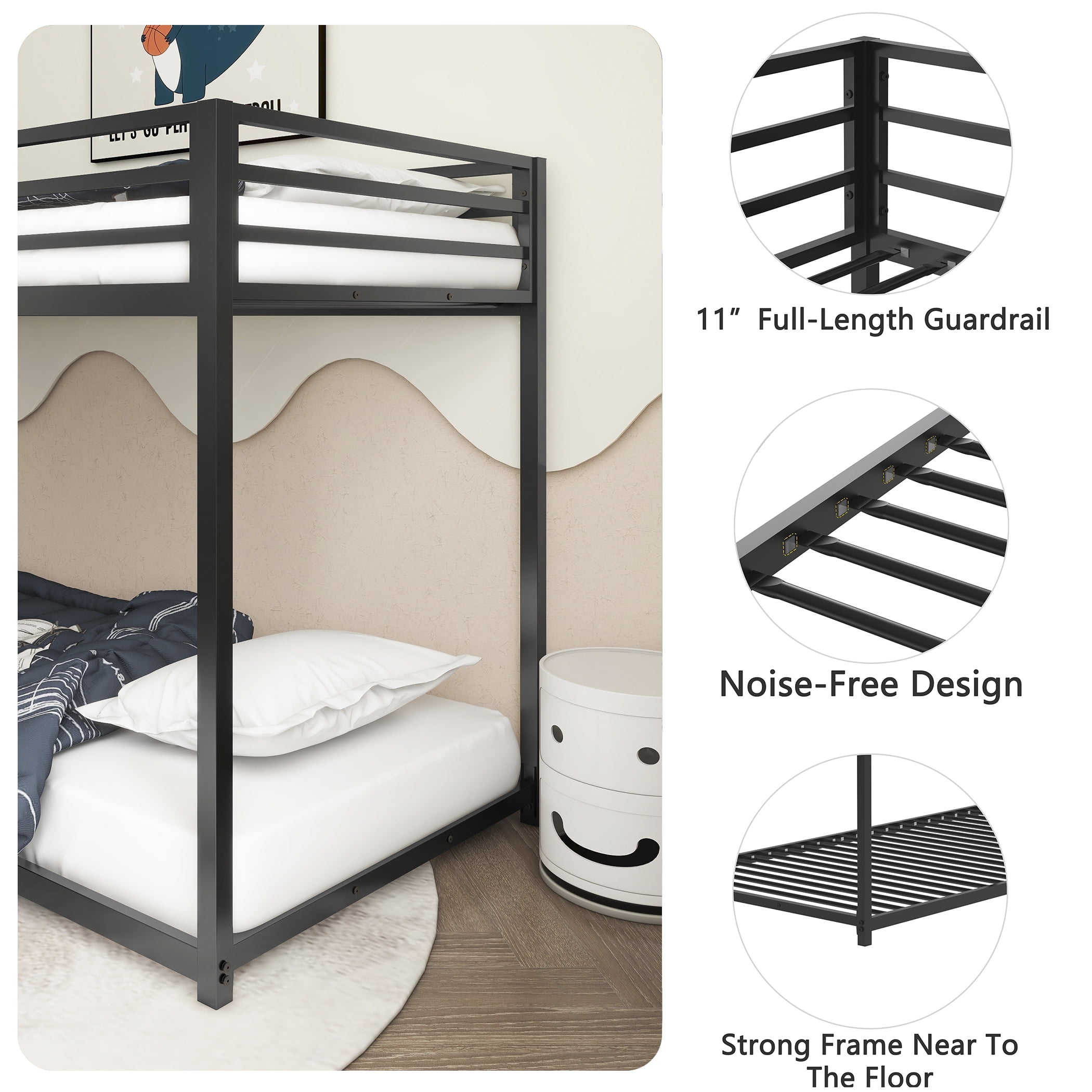 Sturdy Twin Over Twin Bunk Bed Metal Black For Kids And Adult, Low Profile Twin Over Twin Bunk Bed With Ladder And Guardrails, Easy Climbing, Beds For Bedroom