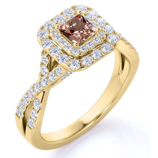 JeenMata Anillo de Compromiso Elegante de Oro Amarillo de 18 K sobre Plata con Morganita Creada en Corte Cuadrado de 1 Quilate, Banda Retorcida, Pavé y Doble Halo