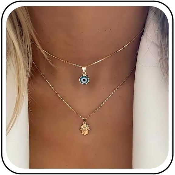 Bohemian Layered Evil Eye Choker Necklace Gold Hamsa Hand Necklace Devil Eye Pendant Necklace Round Sleek Chain Necklace Fatima Hand Necklace Chain Jewelry for Women