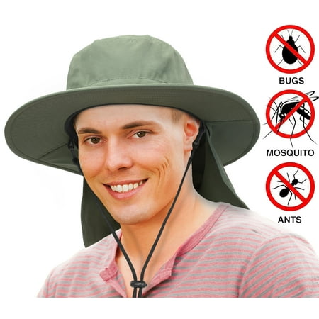 - Unisex Fishing Hat with Foldable Neck Flap Cover Wide Brim Sun UV Protection Hiking Safari Bucket Cap for Bug Free(Olive)