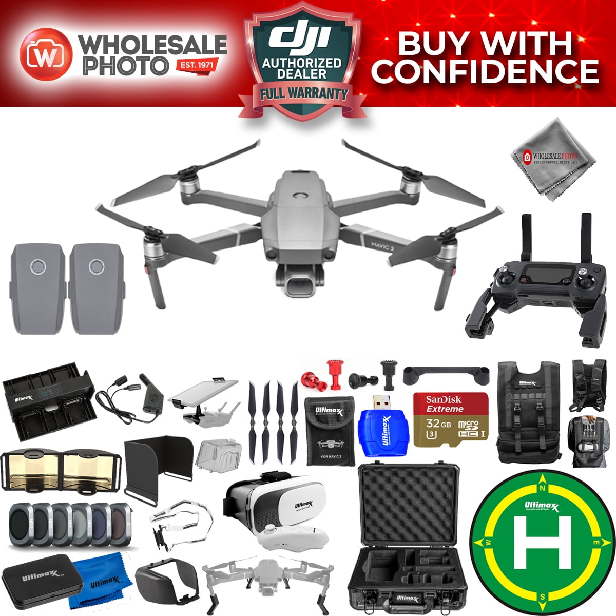 Filter Kit Total Much More Charging Hub 32GB Micro SD PRO Accessory Bundle with Hardshell Backpack DJI Mavic 2 Zoom 1 Battery VR Goggles Landing Pad Drone Vest 
