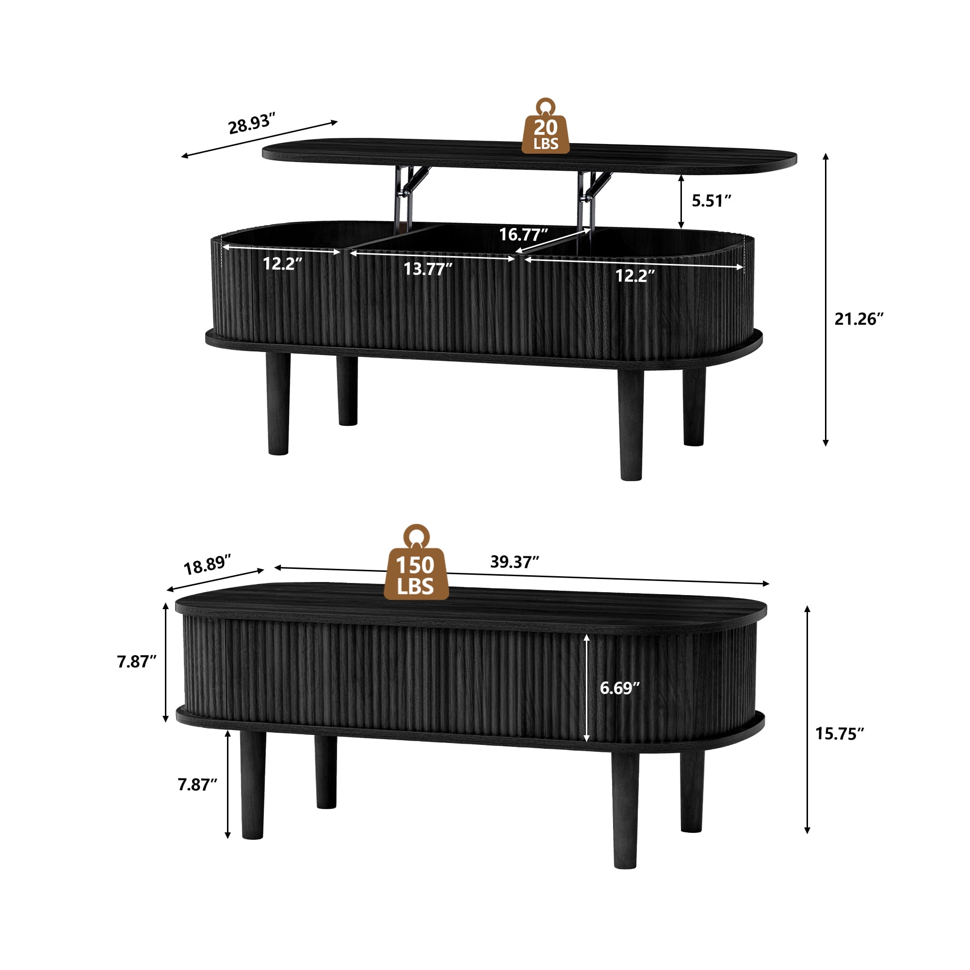 PHOYAL Wood Lift Top Coffee Table with Storage, Fluted Oval Coffee Table with Hidden Compartments for Living Room, Black