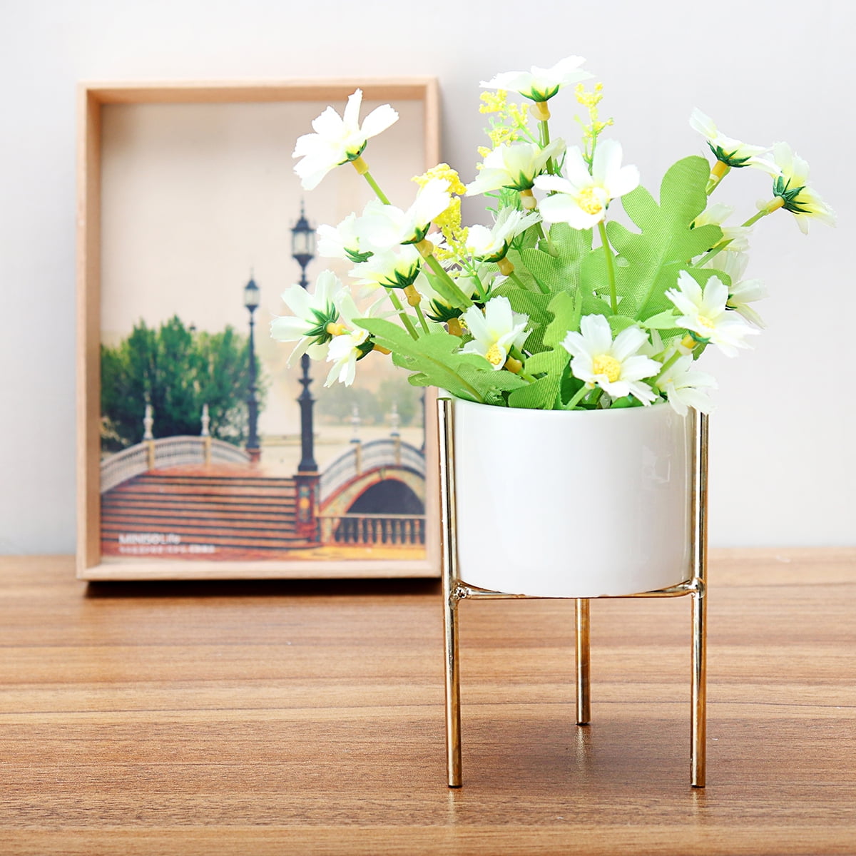 Ceramic Flower Pot Vase Plant Pot With Gold Metal Iron Frame Rack