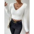 thumbnail image 2 of Female'S Fuzzy Long Sleeve V Neck Crop Sweater Casual Plain Slim Fit Warm Knitwear Sweater Pullovers White S, 2 of 7