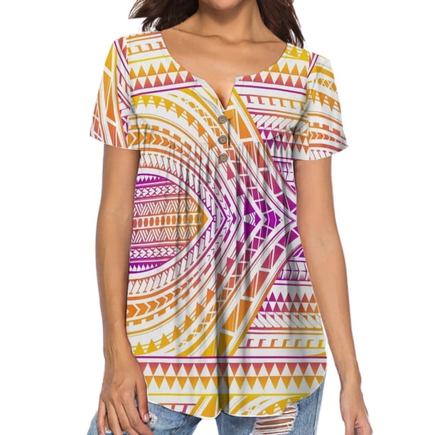 Blusa informal con estampado de botones y cuello en V de manga corta a la moda para mujer Pompotops qwe23091