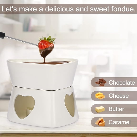 1 Set Clearance Under $15 Chocolate Melting Pot With 2 Forks Chocolate Melter For Table, Ceramics Ceramics White