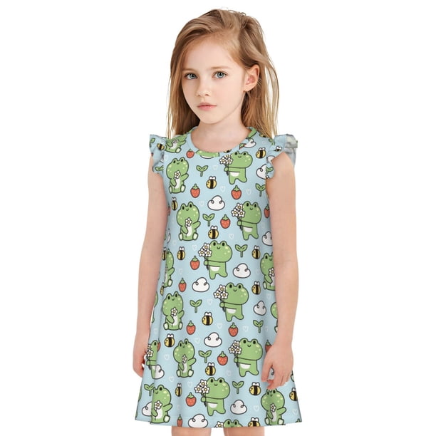 Balery Cute Floral Frog Camisón de princesa para niñas, pijama de algodón con mangas abullonadas, suave y bonito.-Large