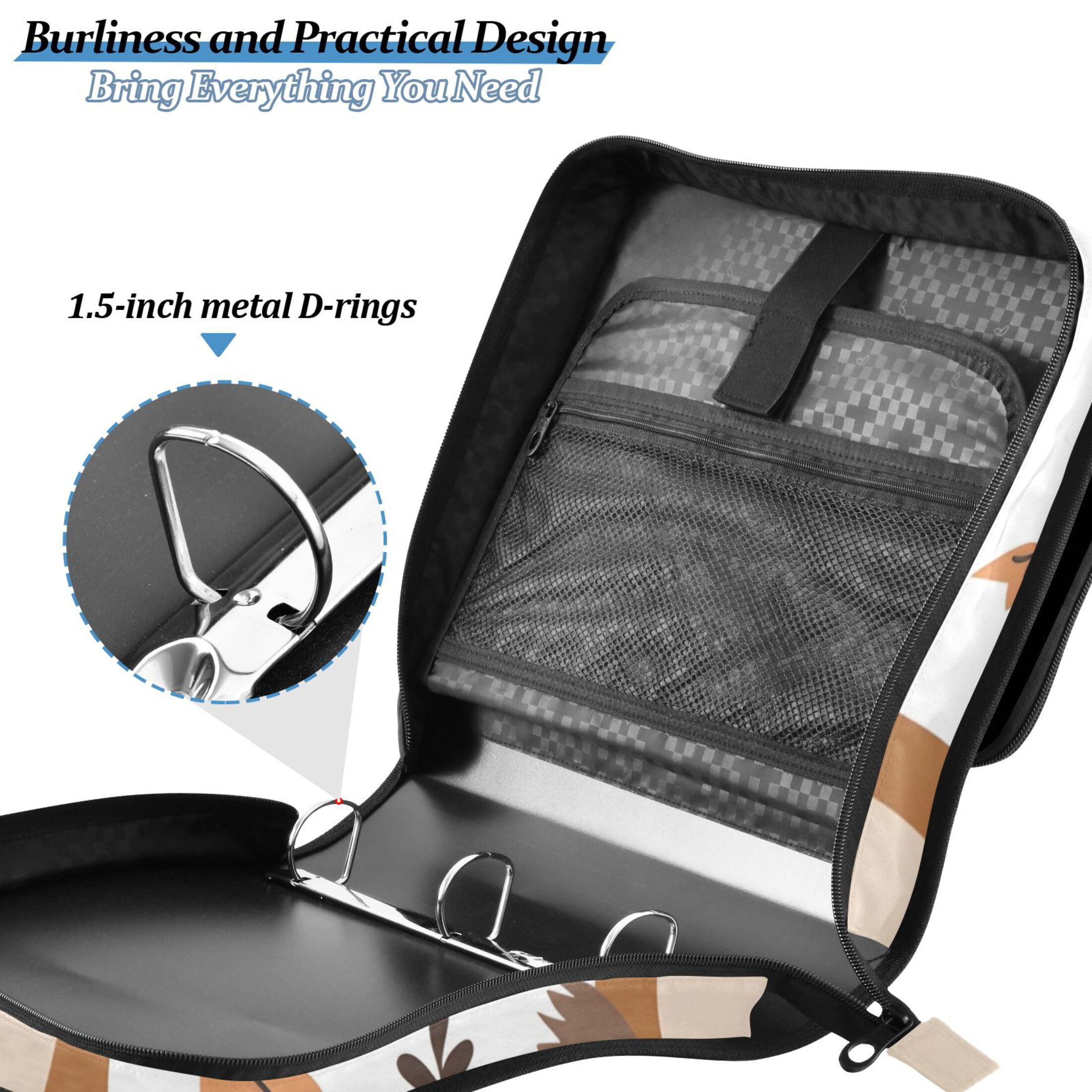 3 Ring Zipper Binder with Shoulder Strap Waterproof Trapper Keeper 2 Inch D-Ring 500 Sheets Capacity Cute Beaver and Leaf