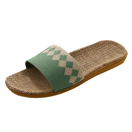 

Aompmsdx Slippers For Women Female Colorblock Upper Slippers Bohemia Linen Flip Flops Beach Shoes Flax Sandalsshoes