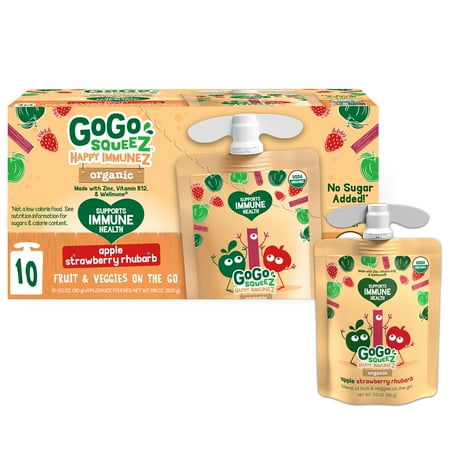 GoGo squeeZ Happy ImmuneZ Apple Strawberry Rhubarb Snack Pouches, 3.2 oz, 10 Pack