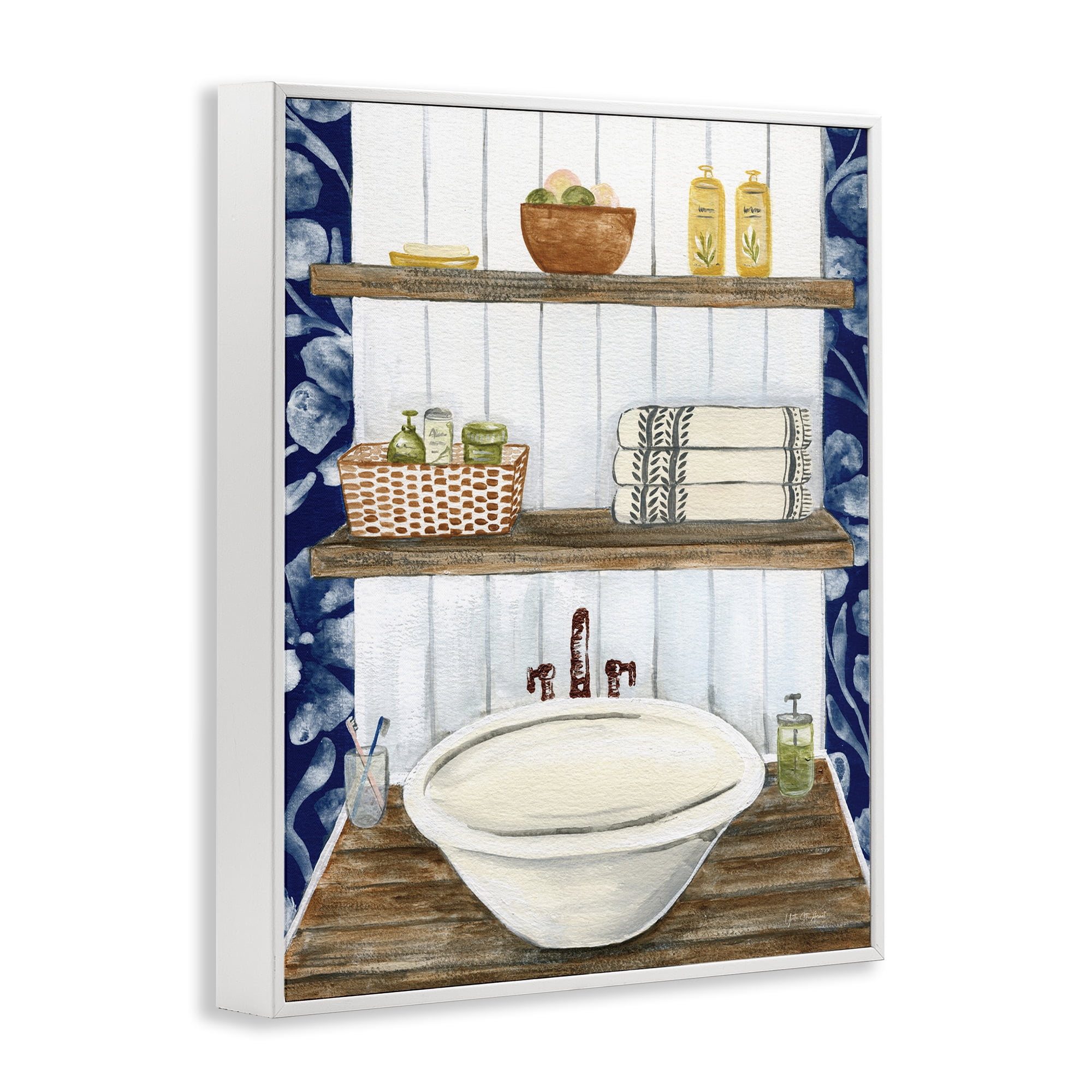 Stupell Industries Bold Blue Bathroom Typography Painting White Framed Art Print Wall Art, 24 x 30