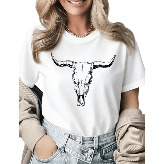 UNISHE Vintage Cow Skull Womens Print Tshirt Graphic Tees White/Black S-5XL Tops