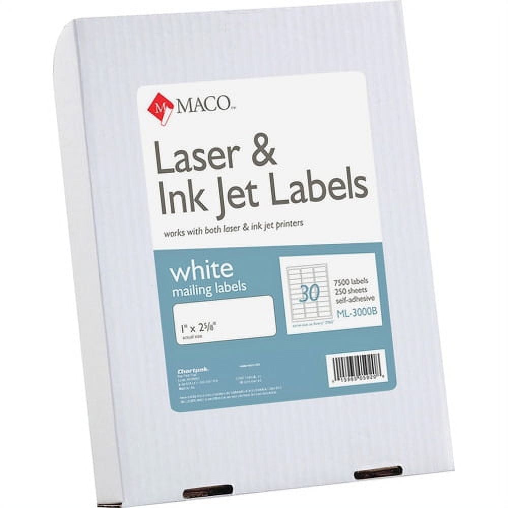 MACO White Laser/Ink Jet Address Label Permanent Adhesive - 1" x 2.62" Length - Rectangle - Laser, Inkjet - White - 30 / Sheet - 7500 / Box