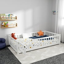 Twin Size Daybed Frame for Toddlers Solid Wood Floor Bed Frame for Kids with Fence and Door,House Bed for Boys and Girls,White