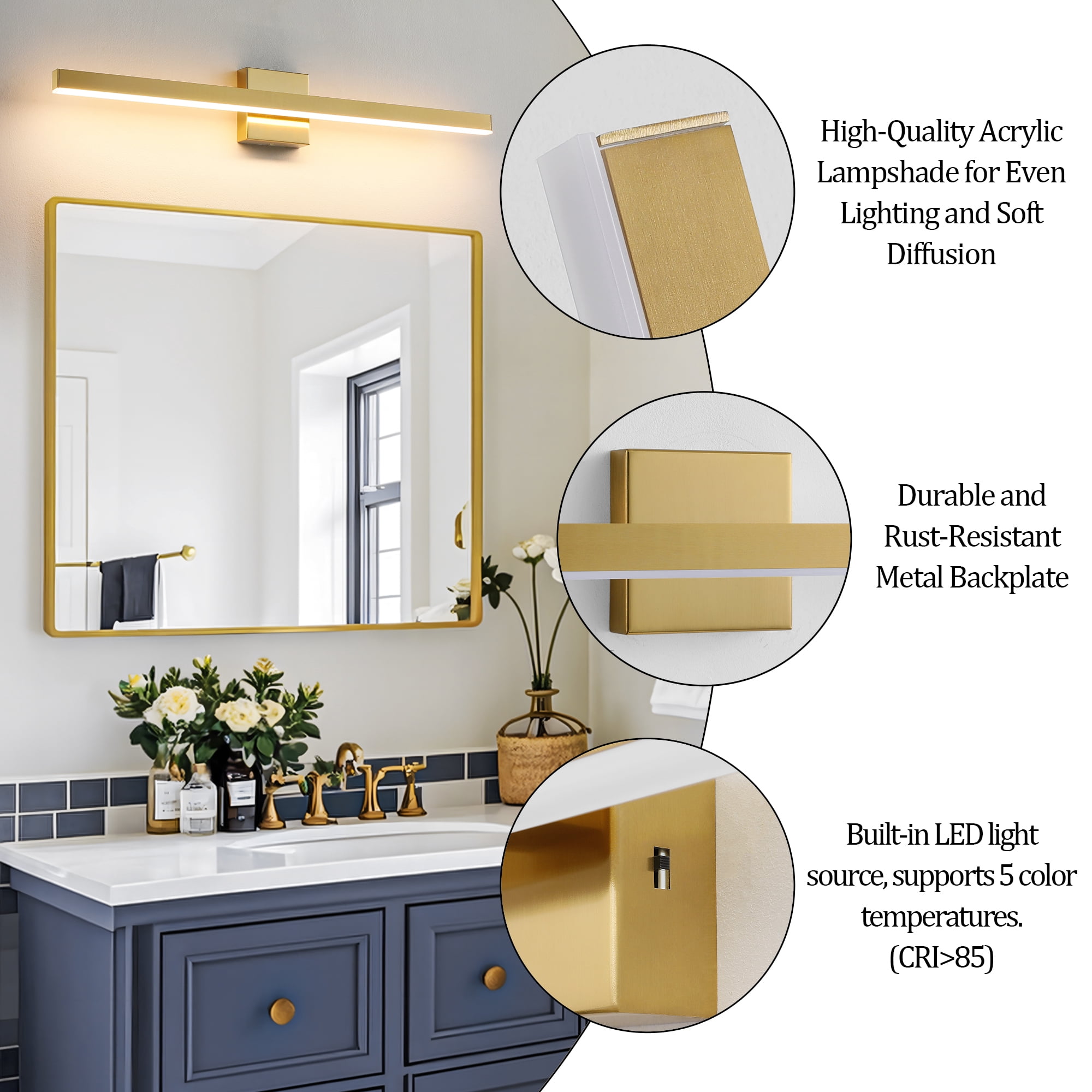 Minimalist Linear LED Modern Lighting Fixtures 32'' Bathroom Gold Vanity Light Dimmable Over Mirror Wall Sconce for Bathroom