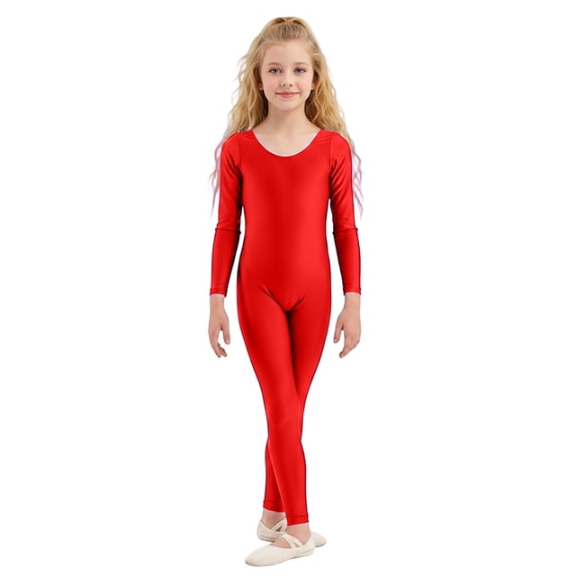 Wdgfv Justaucorps de Danse à Manches Longues et Col Rond pour Filles Rouge 10-12 Ans