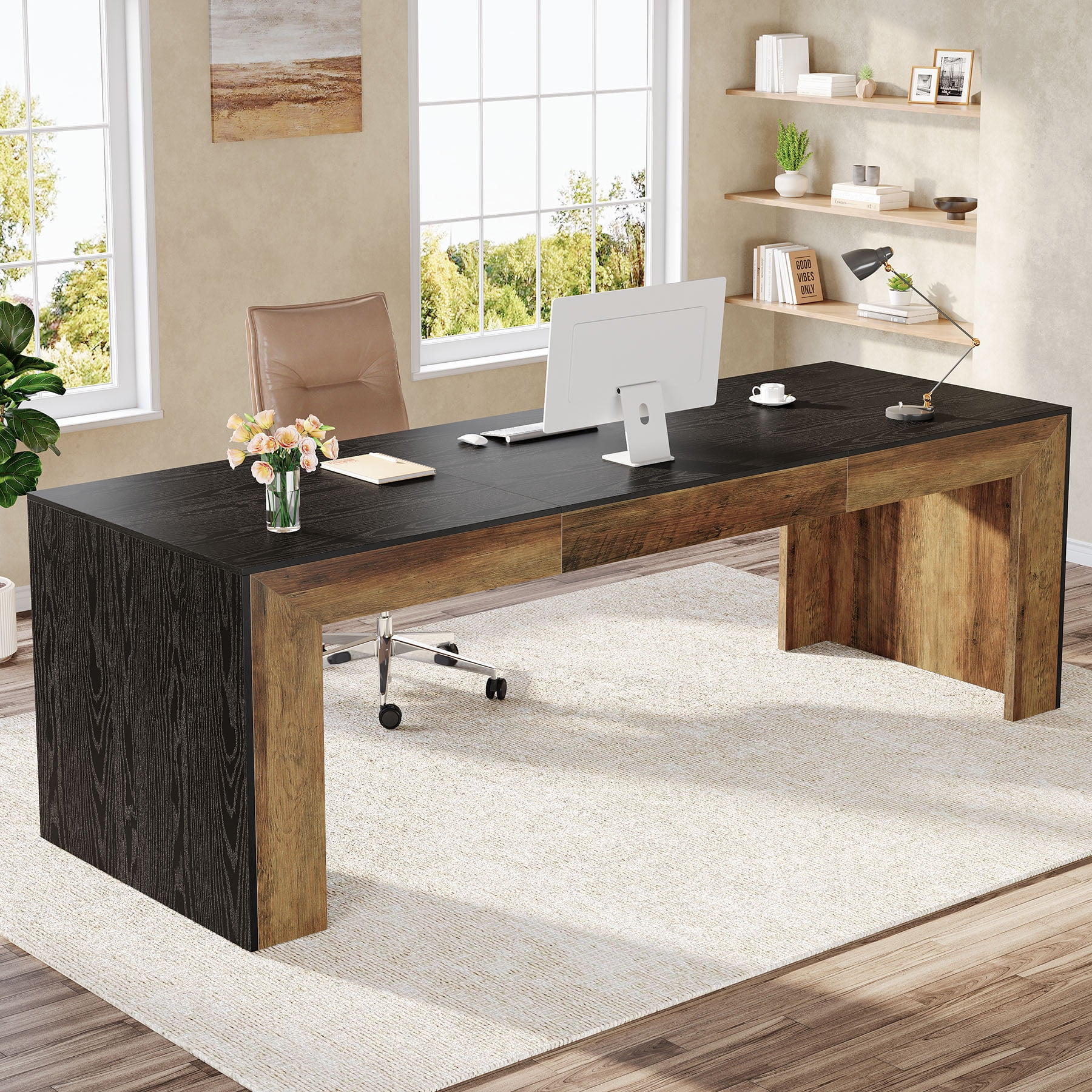 Tribesigns 86.6-Inch Long Computer Desk for 2 Person, Farmhouse Executive Desk with Wooden Tabletop and Legs for Home Office