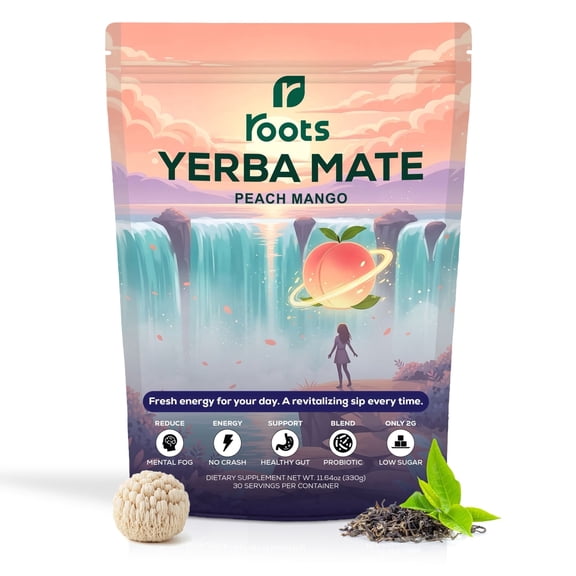 Roots Yerba Mate Energy & Focus Drink Mix, Peach Mango Flavor, Naturally Caffeinated, Vegan, Gluten-Free, 30 Servings, 11.64 oz