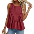 thumbnail image 4 of ClodeEU Women's Round Neck Sleeveless Ruffle Flowy Babydoll Tank Top,Solid Loose Casual Summer Camisole Blouse Wine,Women's Plus XL, 4 of 6