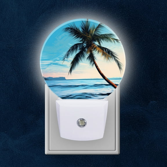 Round LED Night Lights Lamp with Dusk to Dawn Sensor, Isolated Palm Tree On The Beach Night Light Plug Into Wall for Kids Room, Bedroom, Bathroom, Kitchen, Hallway