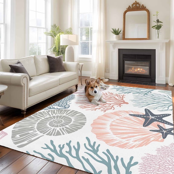 6'x9' Area Rugs, Coastal Starfish Indoor Outdoor Area Rug for Living Room Bedroom, Ocean Multicolor Coral Shell Conch Washable Bathroom Rugs Kitchen Floor Carpet Mats Home Decor Aesthetic