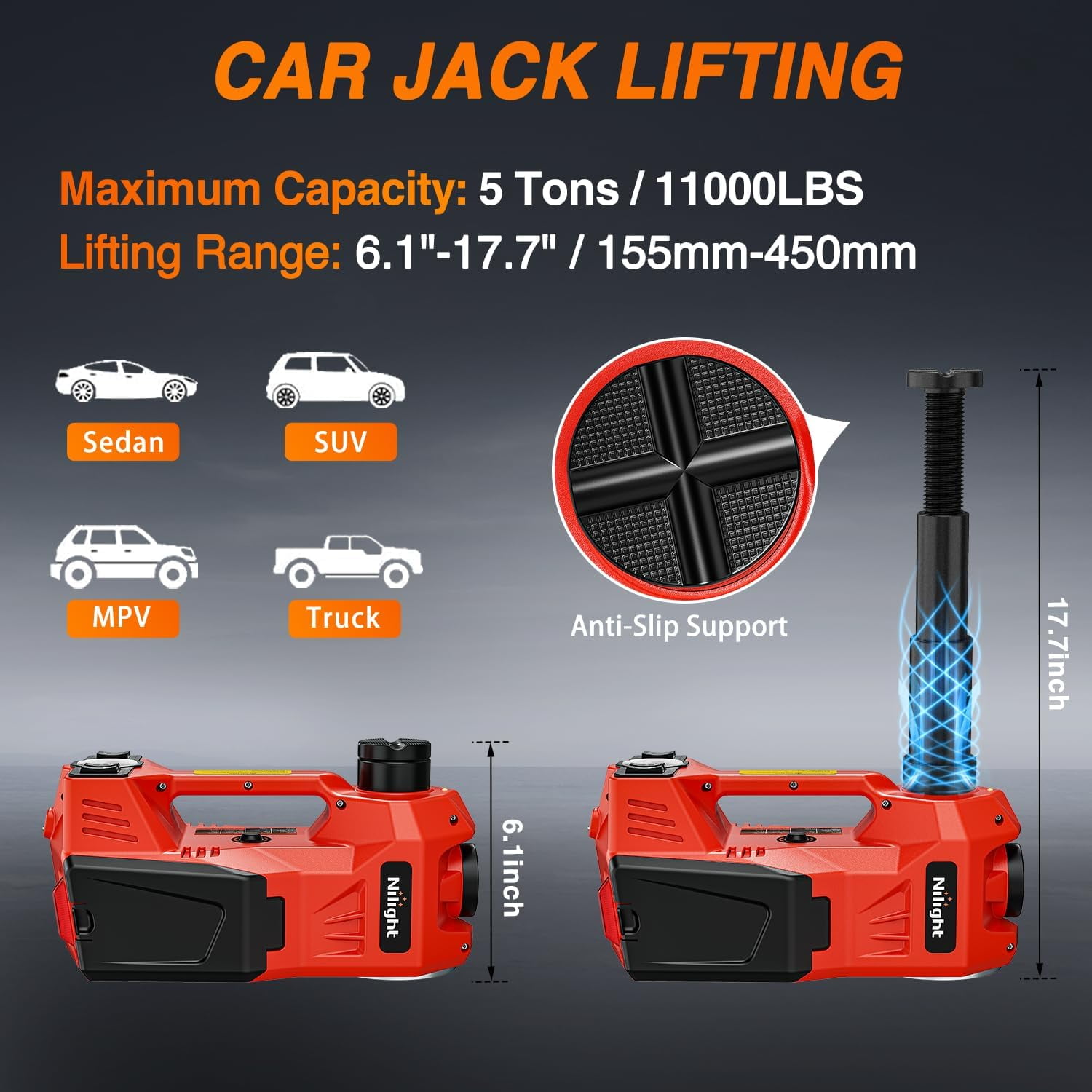 Nilight Electric Car Jack Kit 5 Ton 12V with Impact Wrench, 3 in 1 Portable Electric Floor Jack with Tire Inflator Pump LED Light for SUV Truck Change Tire Garage Repair