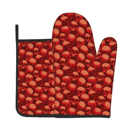 

Zeuib Red Skulls 1 Print Oven Mitt & Pot Holder Set 2-Pack Kitchen Gloves and Hot Pads for Cooking BBQ Grilling Baking