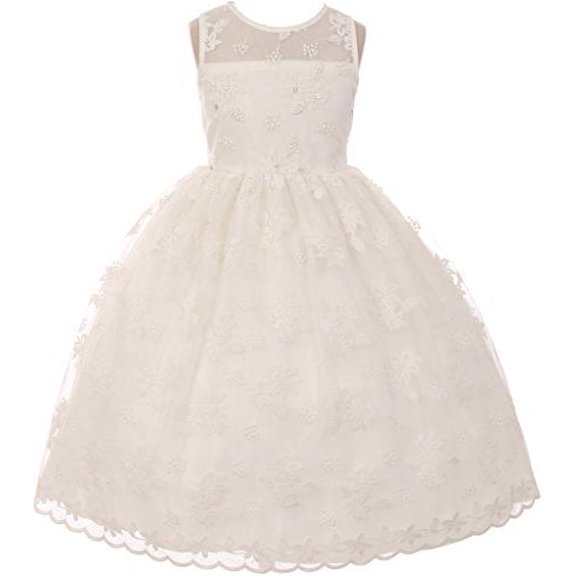 Flower Girl Dress Lace Throughout Pearls Deco Bodice for Little Girl Ivory 2 TR.1037