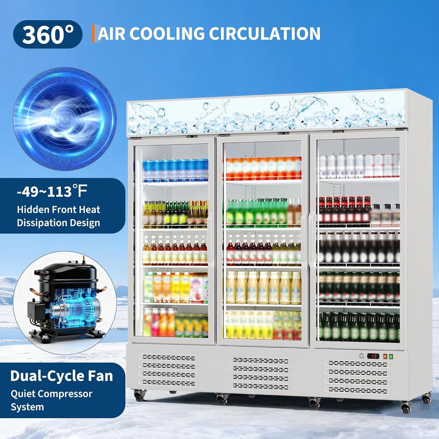 IdealHouse Commercial Refrigerator, Three Glass Door Display Beverage Fridge, 55 Cu ft Upright Beverage Cooler Merchandiser with Soft LED Light, Adjustable Shelves and Swivel Castors, Fast Cooling