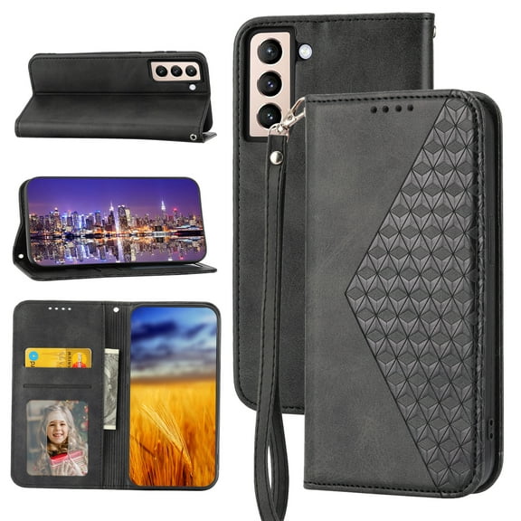 Feishell Compatible with Samsung Galaxy S22 5G Slim Wallet Case with ID Credit Card Slots & Wrist Strap,Shockproof PU Leather Magnetic Closure Folio Flip Kickstand Protective Phone Cover,Black