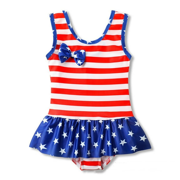 VOUZZA Toddler Girls Patriotic Stripes Print One Piece Swimsuit Sleeveless Ruffled Bathing Suit for July 4th Independence Day Celebration Beachwear