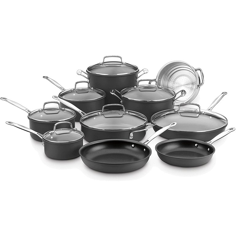Cuisinart Chef's Classic Non-Stick Hard Anodized, 17 Piece Set, Black  (66-17N) with 2x Deco Gear Red Silicon Trivet 