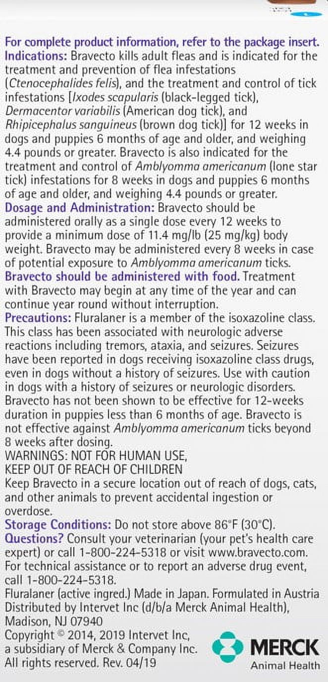 Bravecto Flea and Tick Chews for Dogs, 44-88 lbs, (Blue Box)