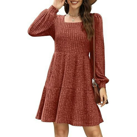 OSFVNOXV Fall Wedding Guest Dress for Women Textured Ribbed Knit Top Long Sleeve Crew Neck Mini Dress with Pockets