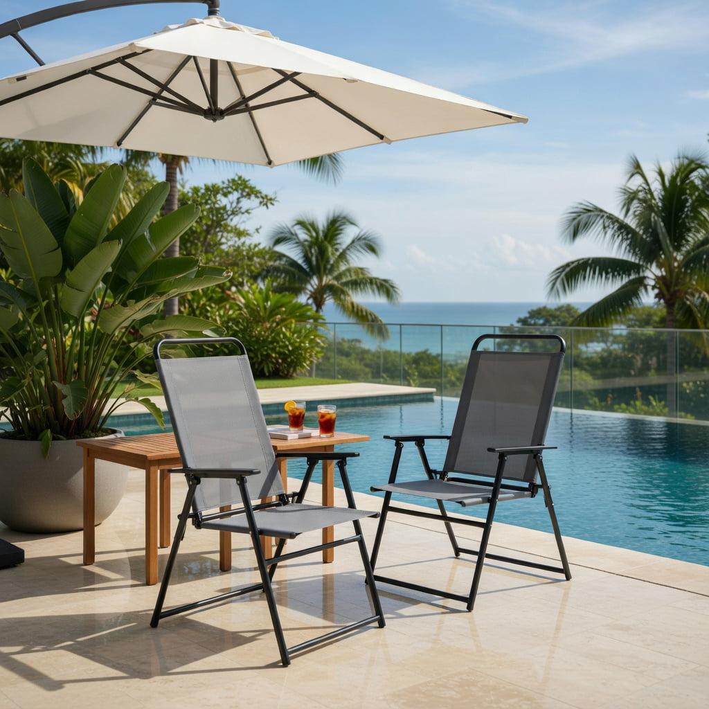 Hommoo 2-Pack Foldable Outdoor Sling Chairs with Armrests & Heavy-Duty Steel Frame, Easy-Store Patio Seating, Gray