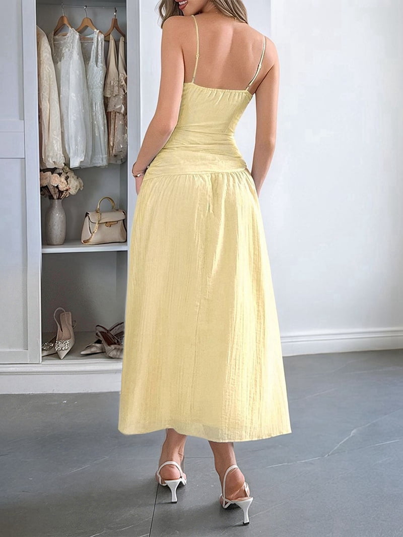 Women'S Summer Sleeveless Casual Dresses V-Neck Wrinkles Backless Party Dress Yellow L