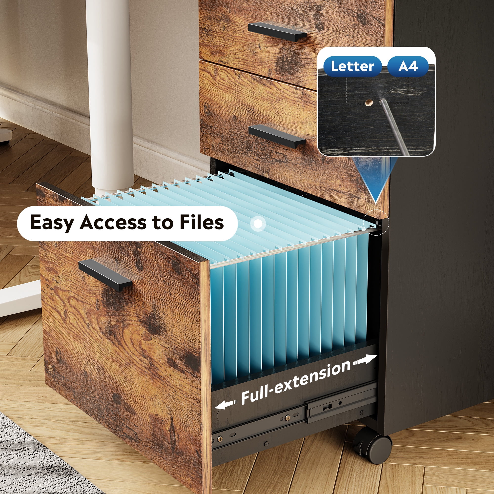 GALAXHERO 3-Drawer Wood Mobile Filing Cabinet, Rolling File Cabinet for Home Office, Fits Letter/A4 Size Documents, Rustic Brown