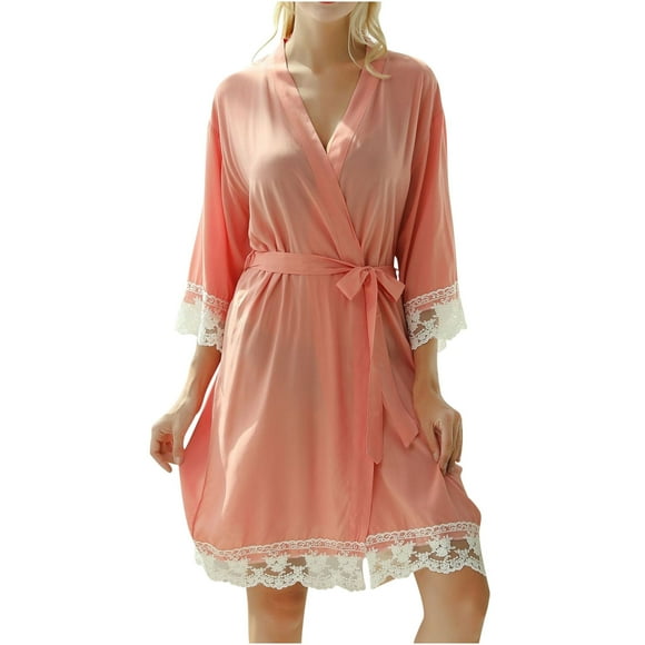 AherBiu Robes for Women Sexy Lace Lightweight 3/4 Sleeve Party Bathrobe Belted Short Robe Loungewear