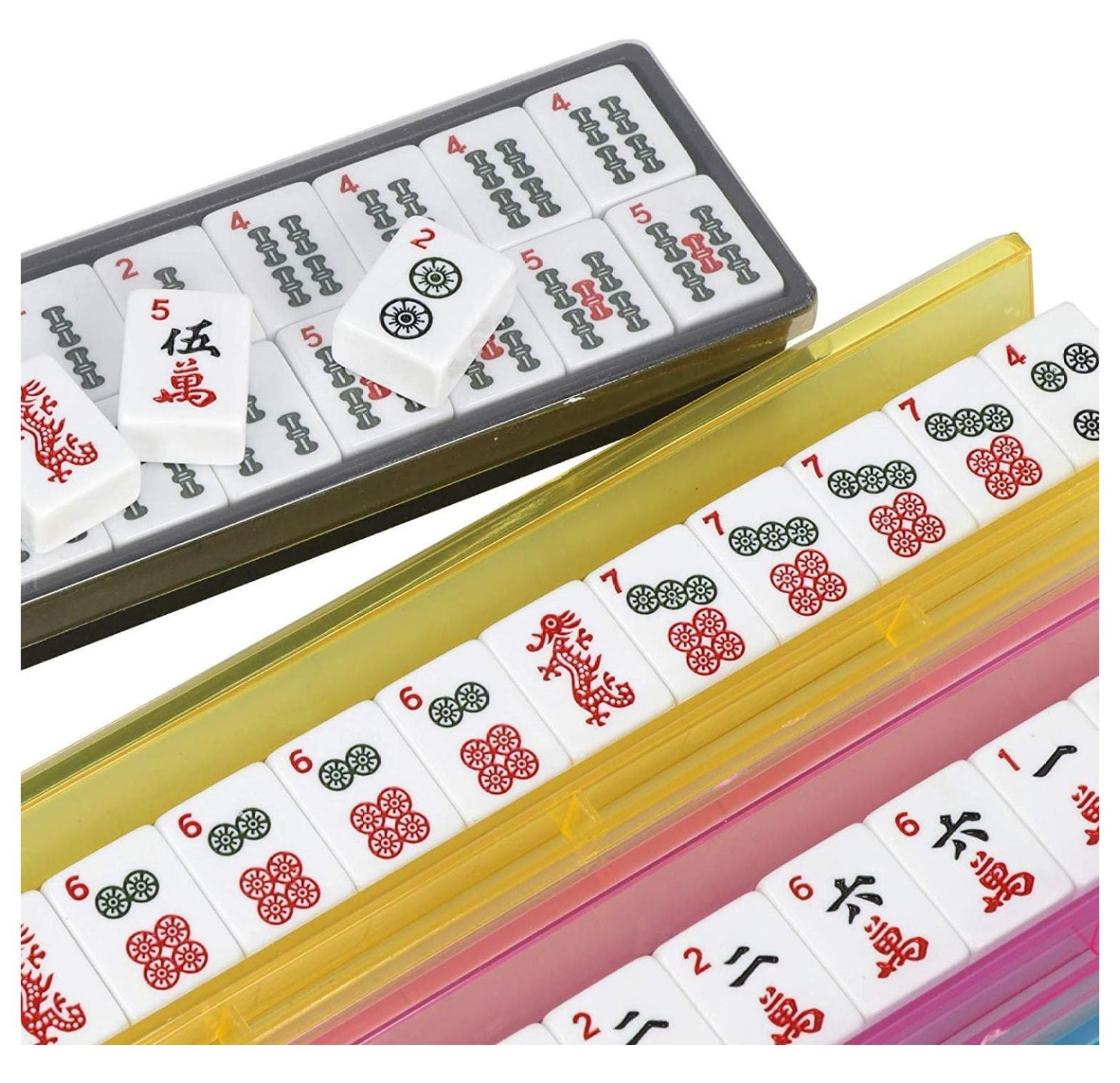 American Mahjong Game Set 166 White Engraved Tiles with Racks Pushers Black Soft Bag for Party Board Gaming