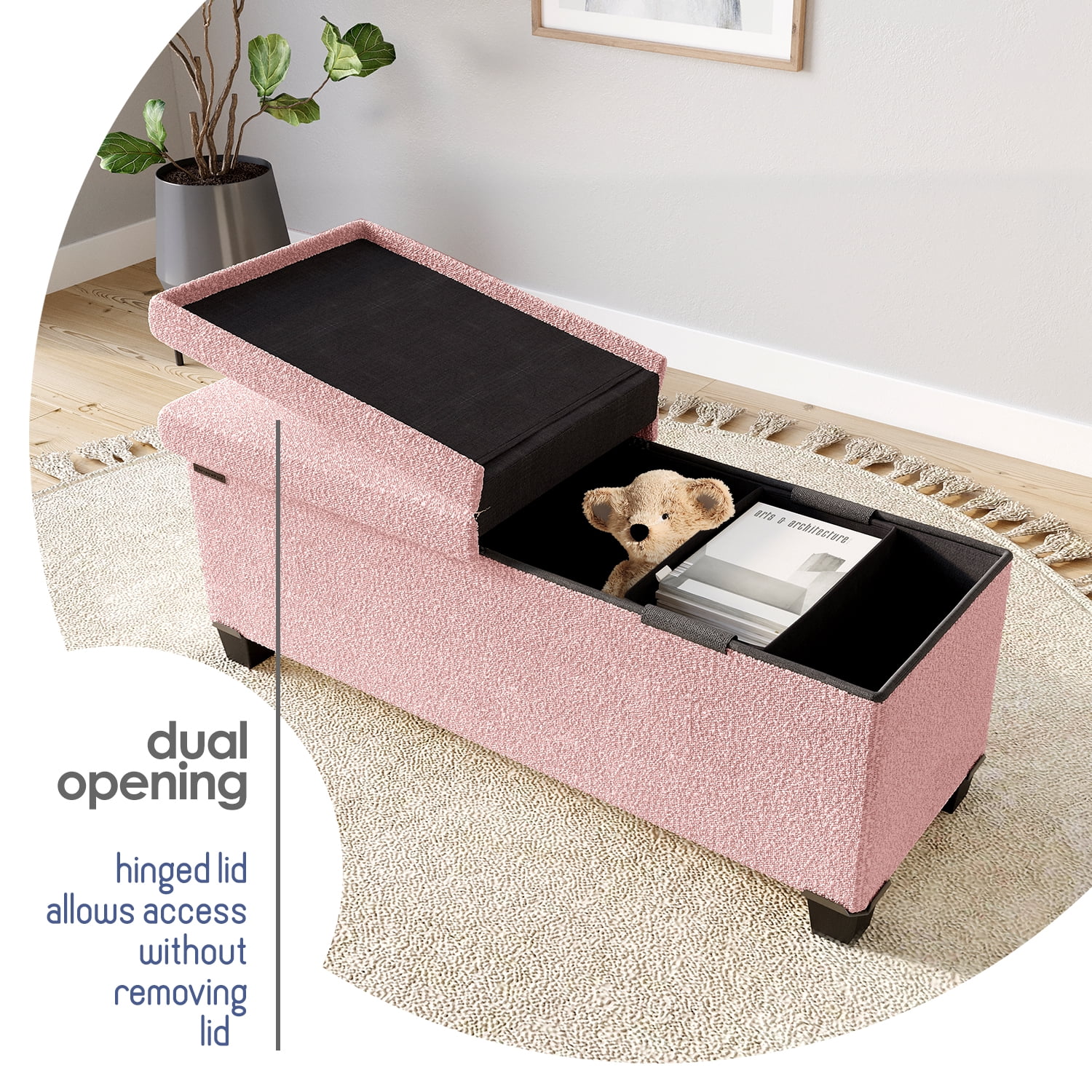 Hearth & Harbor Storage Ottoman Bench, Boucle 43" Ottoman with Storage , Pink