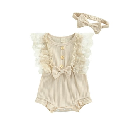 

Suanret Infant Baby Girls Ribbed Rompers Lace Ruffles Sleeveless Round Neck Jumpsuit Summer Bodysuit with Headband Apricot 0-3 Months