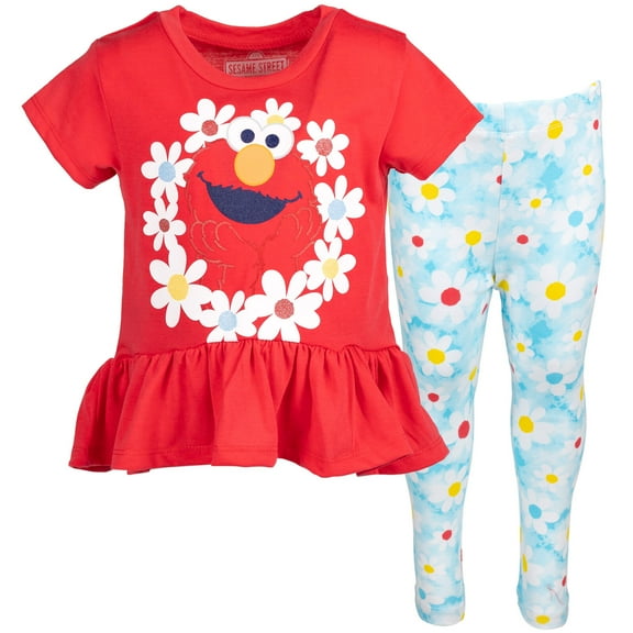 Sesame Street Elmo Infant Baby Girls Peplum T-Shirt and Leggings Outfit Set Infant to Toddler