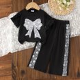 thumbnail image 2 of Karoyedx Little Girls Clothes Teen Girl Clothes Bow Graphic Short Sleeve T-Shirt Top+Wide Leg Pants 2 Piece Outfit Set Black Size,6-9 Months, 2 of 8