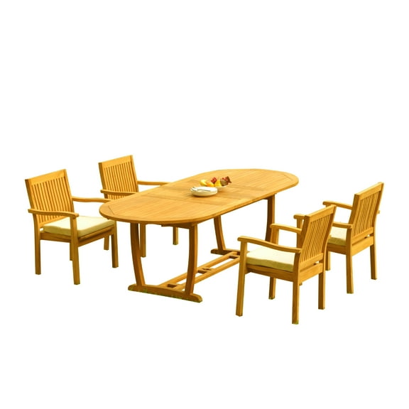 Grade-A Teak Dining Set: 4 Seater 5 Pc: 94" Mas Oval Trestle Leg Table And 4 Leveb Stacking Arm Chairs Outdoor Patio WholesaleTeak #51LV2305