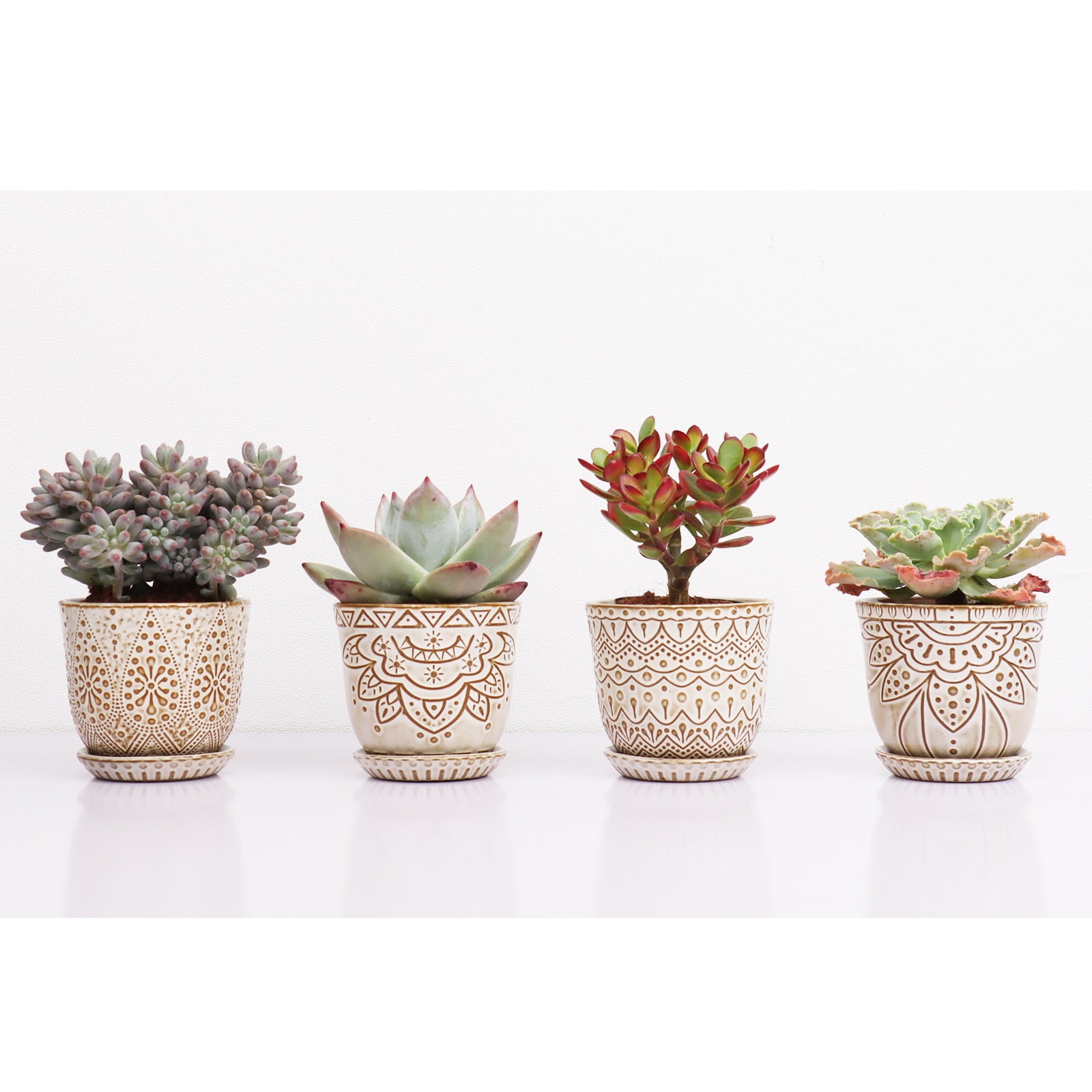 BESTSELER Succulent Pots, 4 Inch Small Indoor Ceramic Planter Pot with Drainage Holes and Saucers for Plants- Creamy White - Set of 4