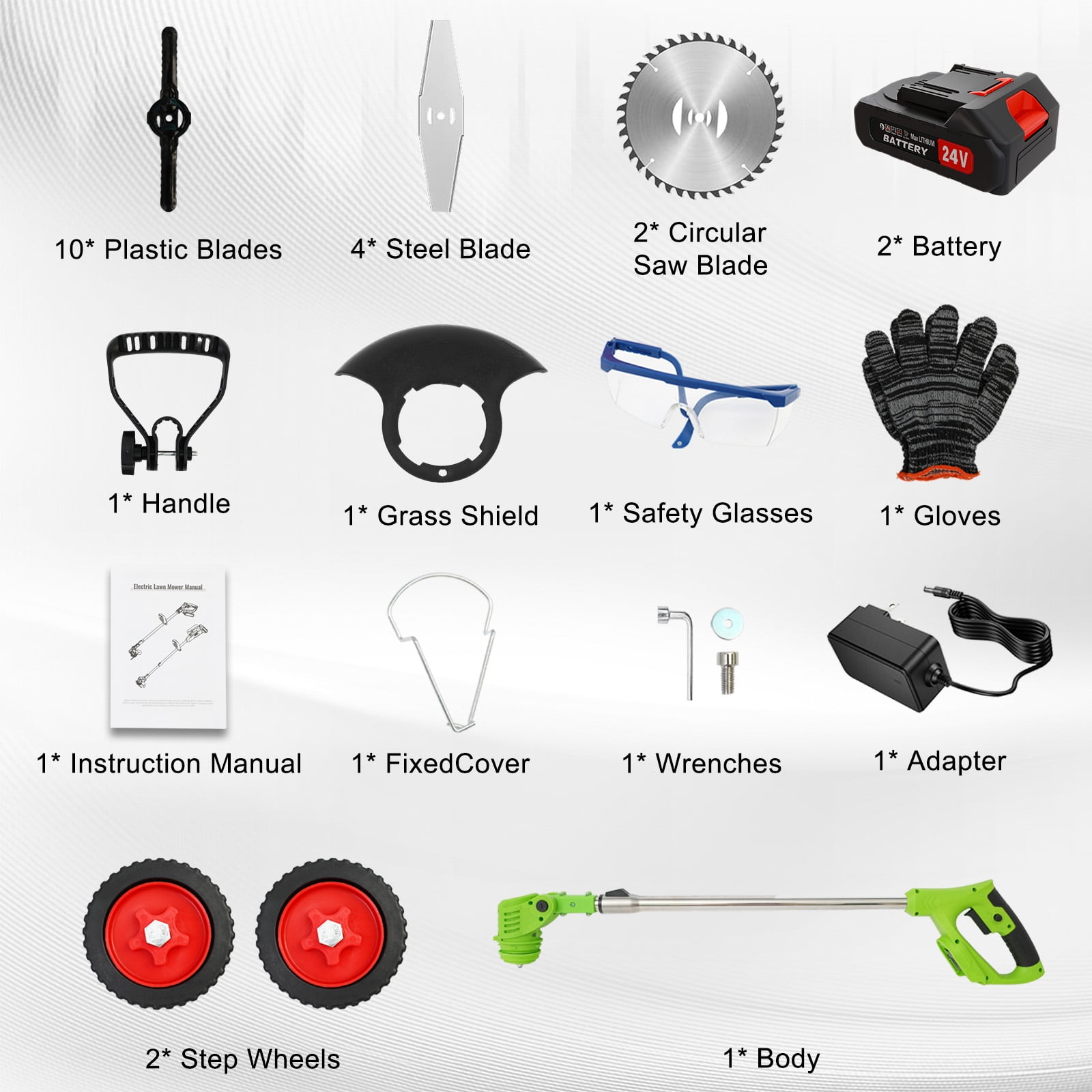 Cordless Grass String Trimmer, Electric Weed Eater with Wheels, Weed Trimmer, 2Battery+Charger, Green