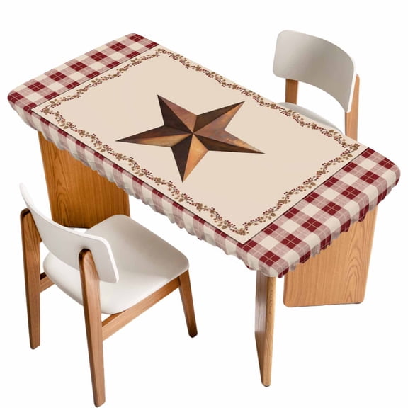Western Texas Star Retro Table Cloths for 6 Foot Rectangle Tables, Rustic Vintage Farm Red Beige Plaid Patio Waterproof Elastic Fitted Tablecloths, Washable Rectangular Table Cover for Camping