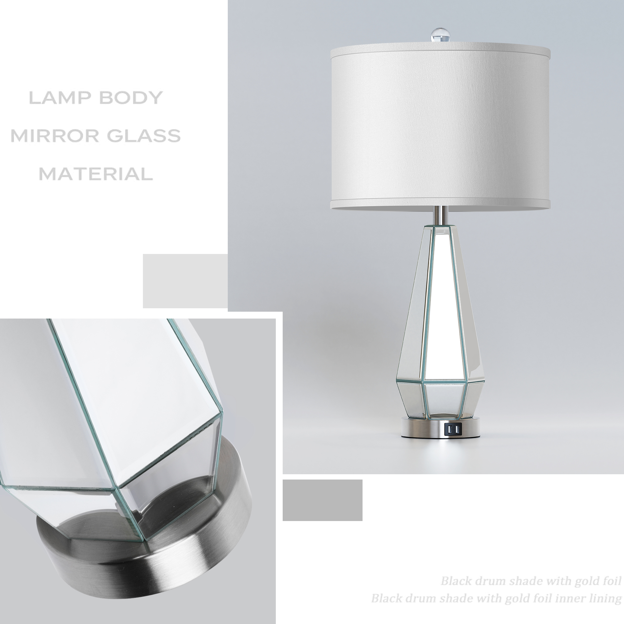 Set of 2 Mirrored Glass Bedside Table Lamps with 2 USB Ports for Bedrooms Modern Side Nightstand Lamps