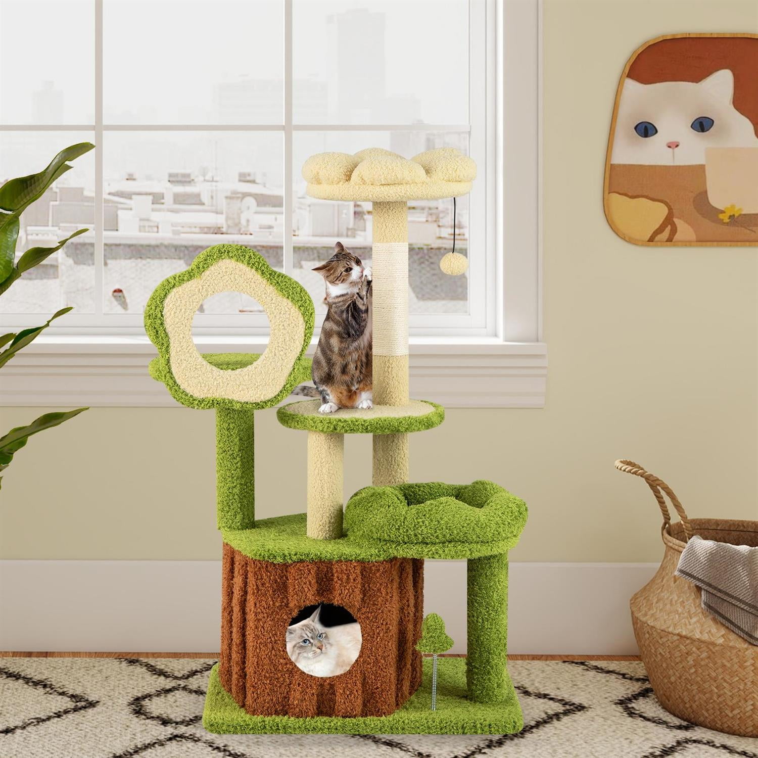 Pefilos Cute Multi-Level Cat Tree for Adult Cats, Trunk Condo & Flower-shaped Perch, Sisal Posts & Hanging Toys, Green